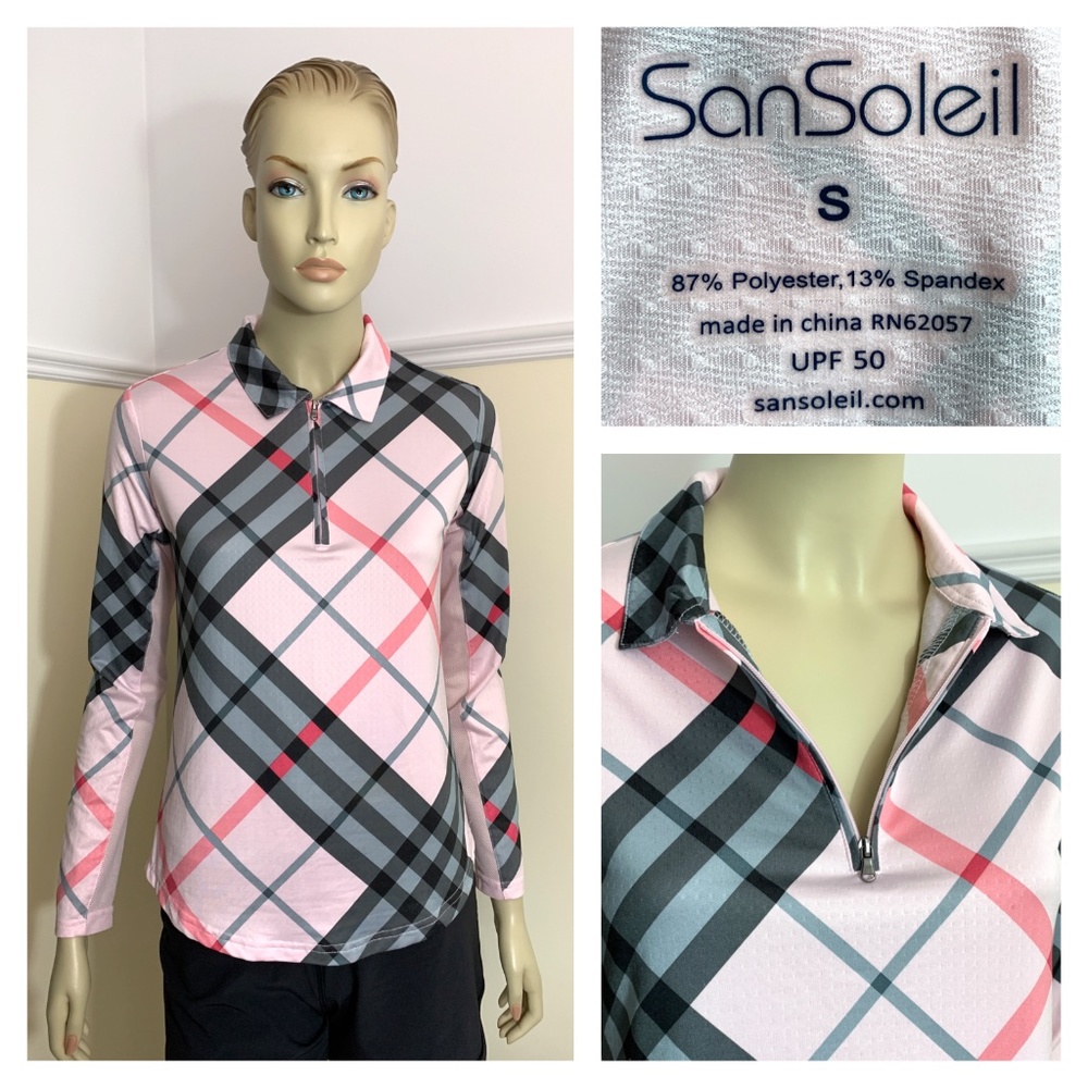 SanSoleil pink black plaid UPF 50 top S
